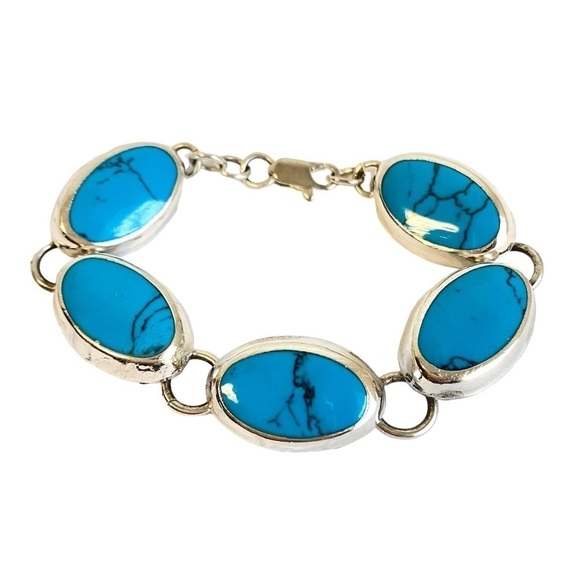 Vintage Turquoise Link Bracelet Mexico Silver Oval Stone Coastal Cowgirl Western - Picture 1 of 8